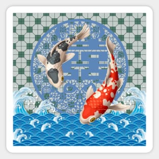 Double Happiness Koi Fish Dancing in the Ocean with Green Tile Floor Pattern Sticker